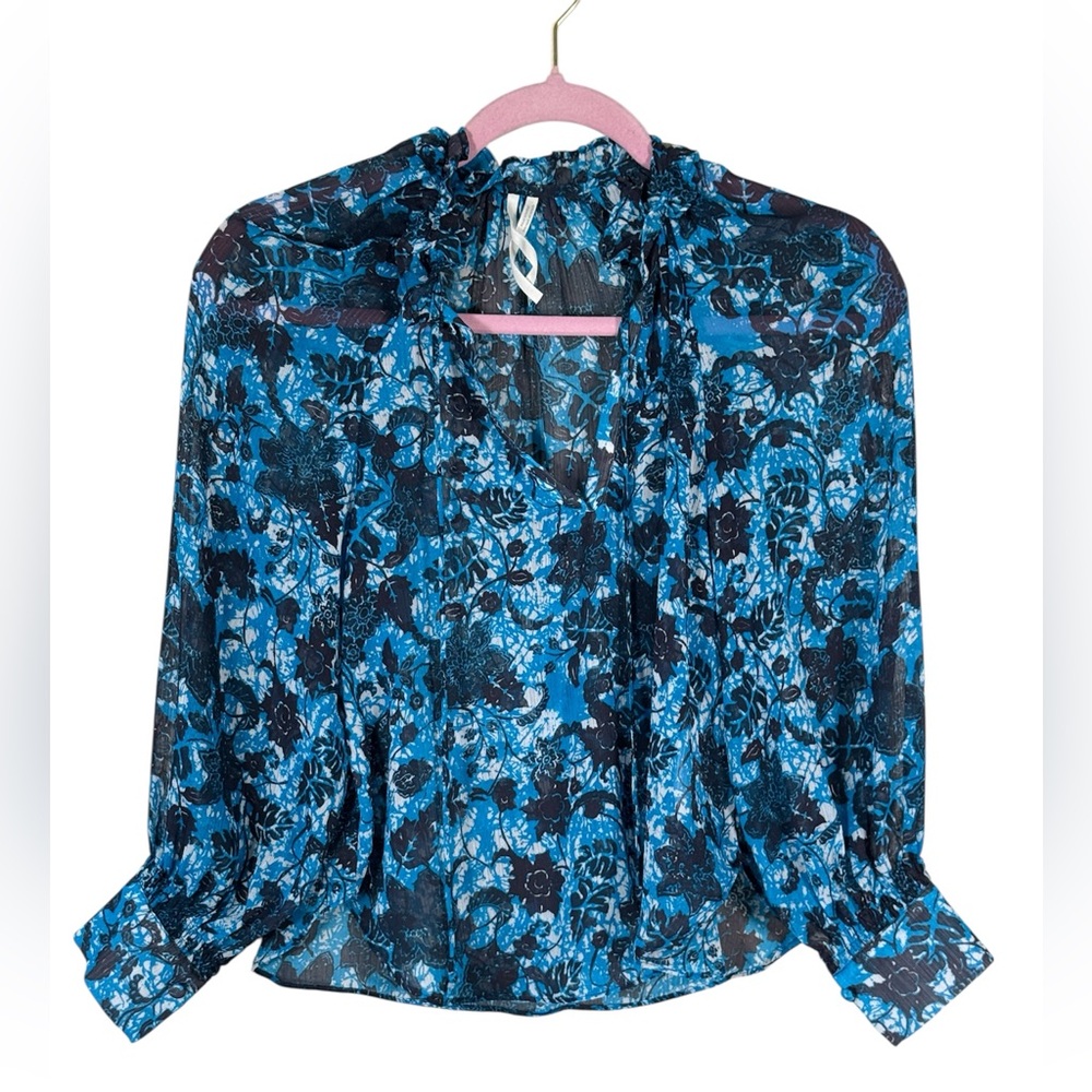 Anthropologie Blue Floral Ruffled Blouse Womens XXSP Boho Spring Girly Romantic